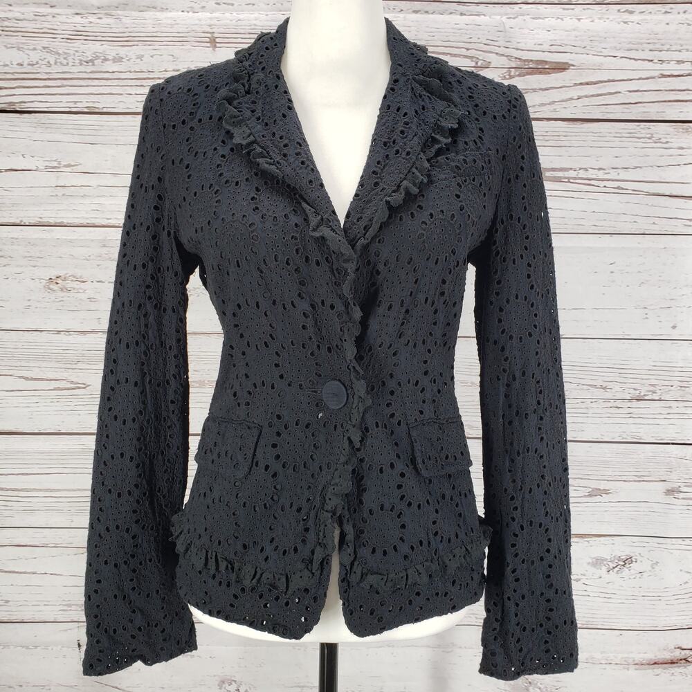 BCBGMAXAZRIA Black Cotton Eyelet Single Button Blazer Jacket Size Small